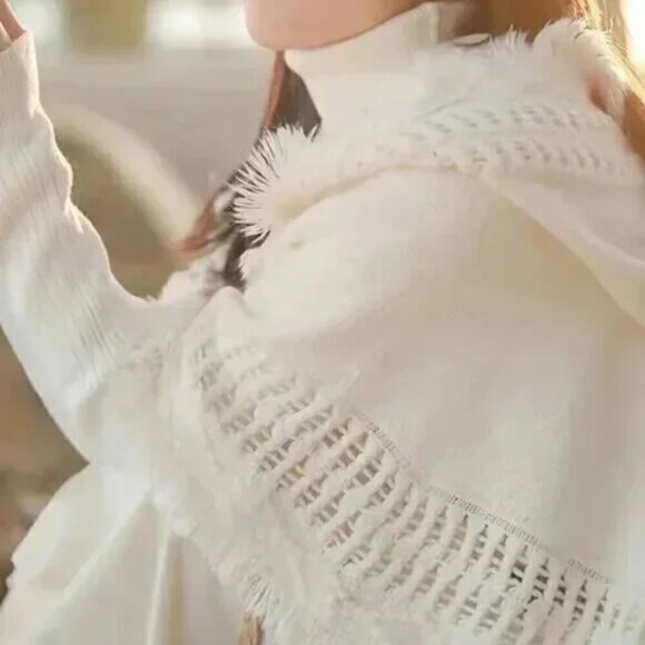 Button Side Hooded Cape Tassel Trim Angel Poncho Sweater White - Picture 3 of 4